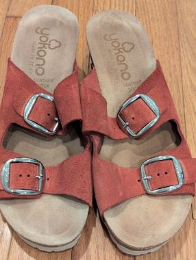 Yokono Spain Rust Suede Double-Buckle Slide Sandals W9